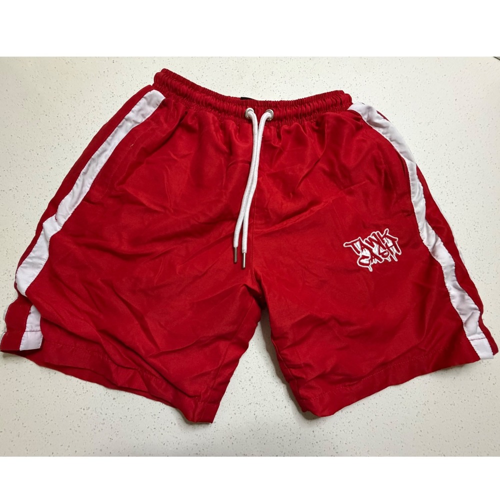 Young and Reckless Red Athletic Shorts Mens Small White Stripe Mesh Lined Gym
